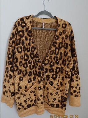 Free People Leopard Print V-Neck Cardigan - Camel & Dark Brown